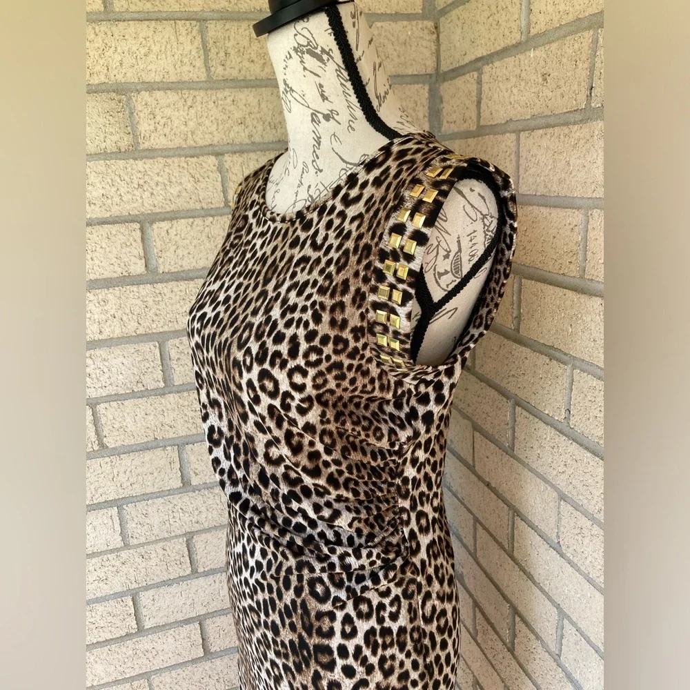 Michael Kors Side Slit Gold Studded Leopard Print Dress Side Ruched Dress